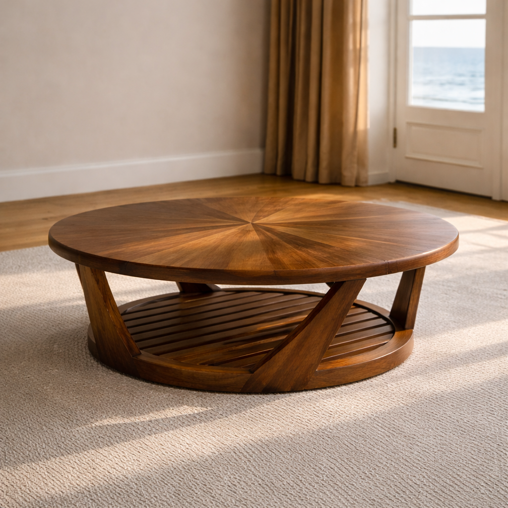 Round Solid Wood Coffee Table With Slatted Lower Shelf