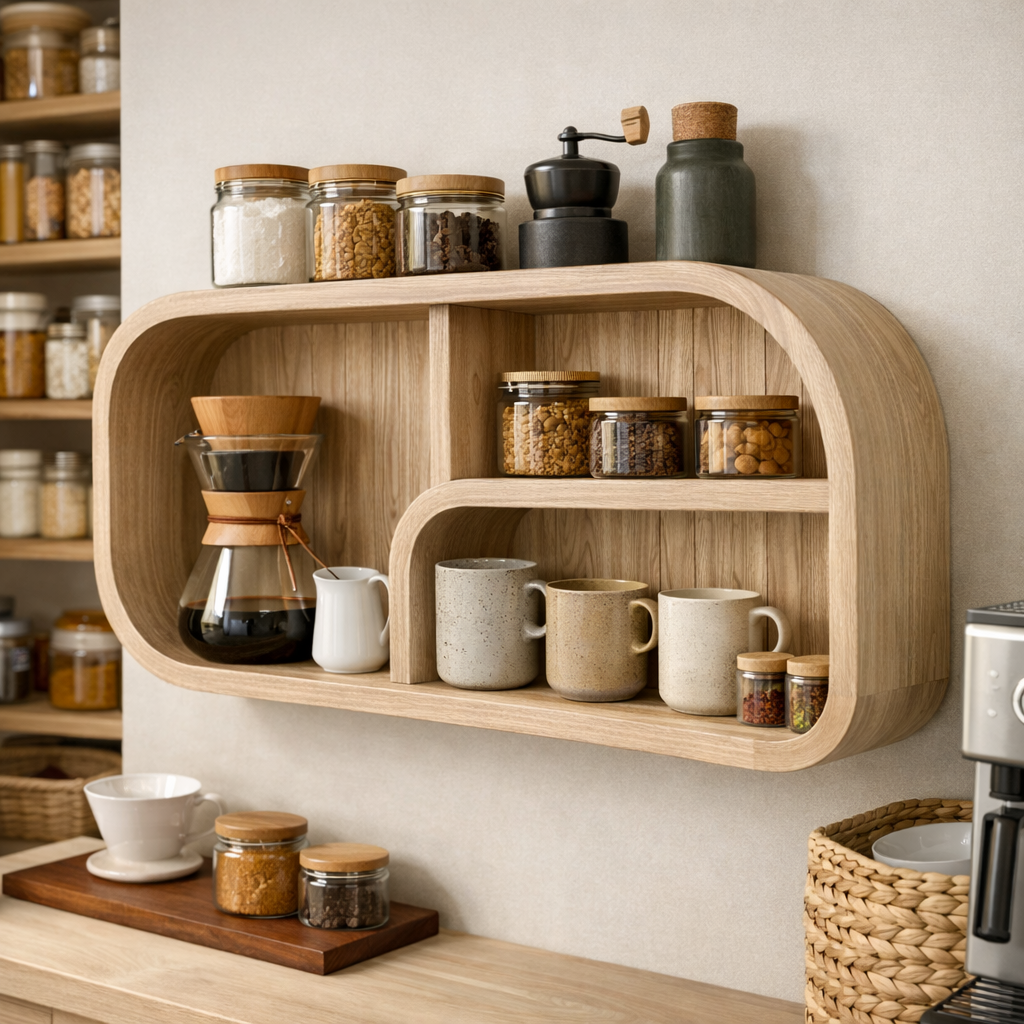 Curved Solid Wood Wall Shelf With Open Cubby Storage