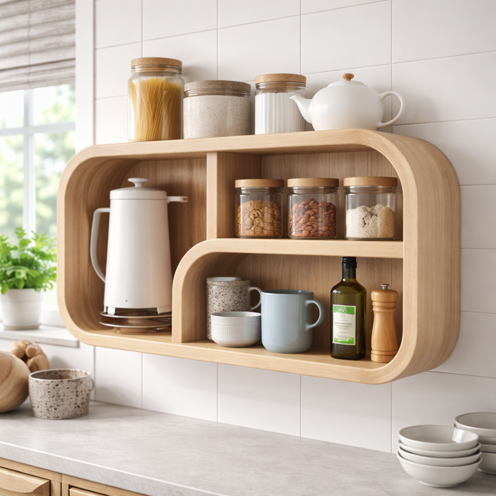 Curved Solid Wood Wall Shelf With Open Cubby Storage