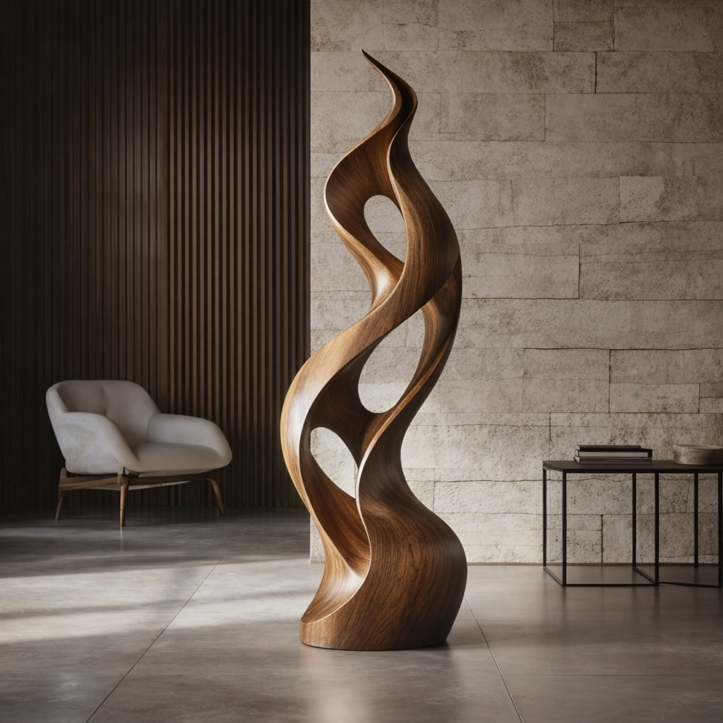 Modern Abstract Wood Sculpture, Tall Organic Twist Statement Art