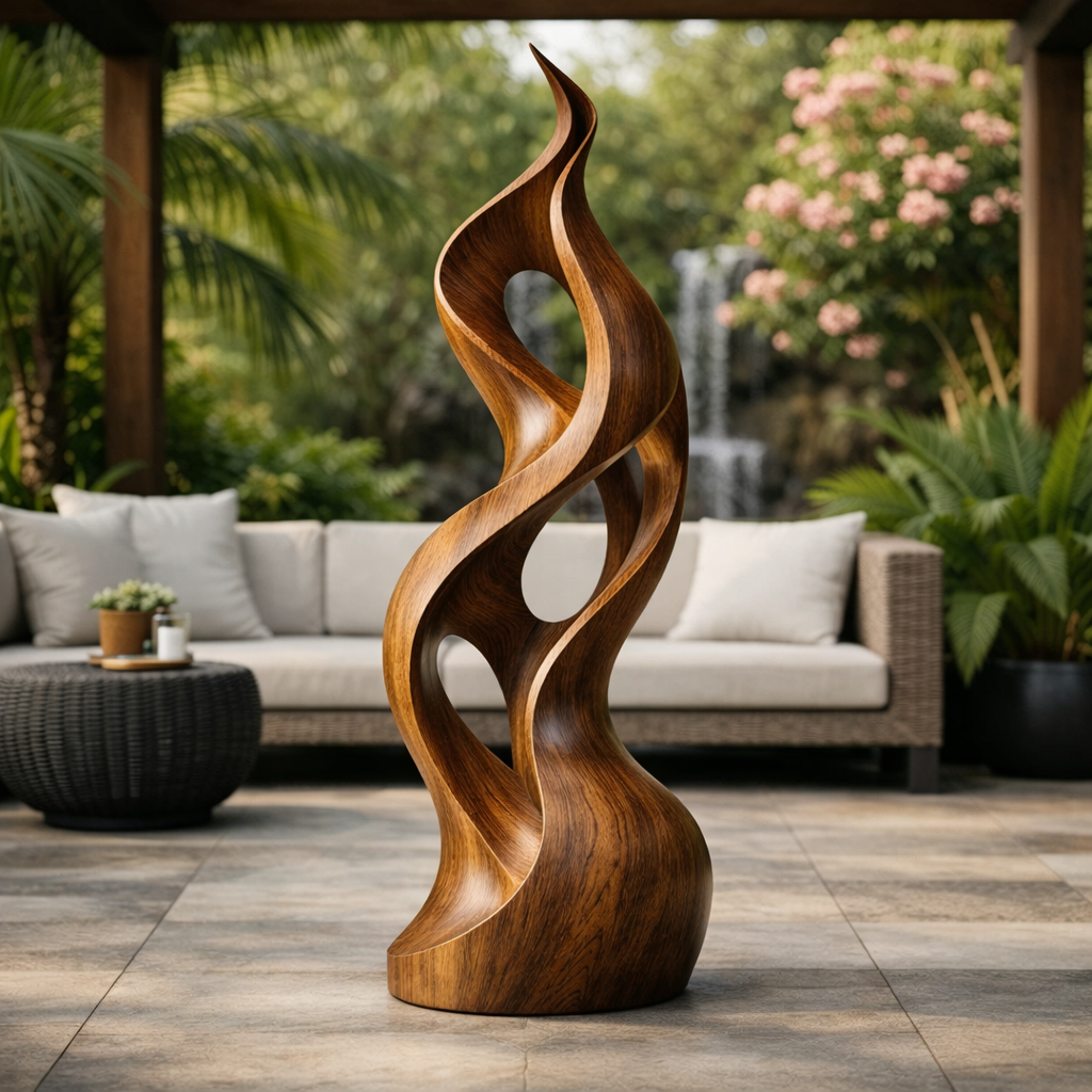 Modern Abstract Wood Sculpture, Tall Organic Twist Statement Art