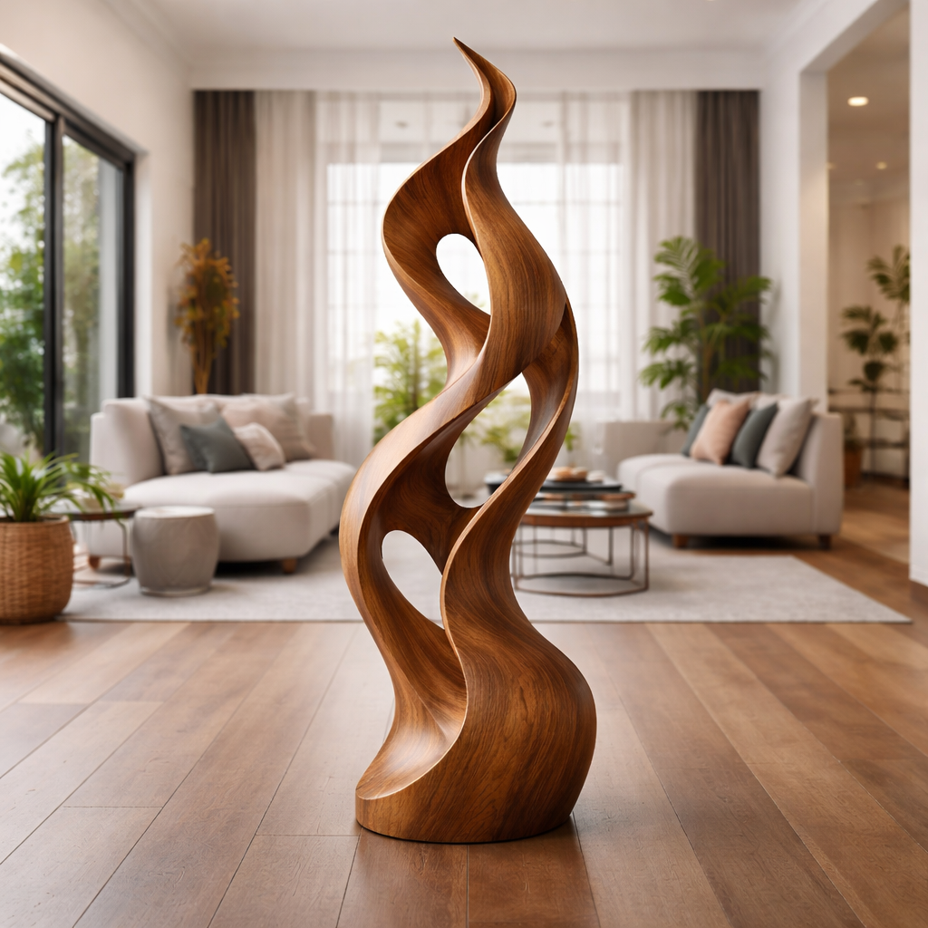 Modern Abstract Wood Sculpture, Tall Organic Twist Statement Art