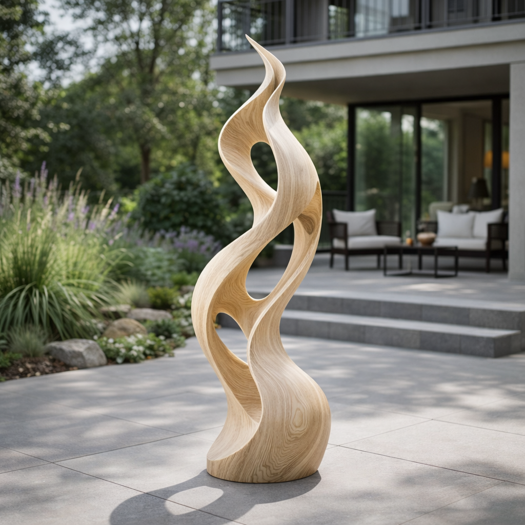 Modern Abstract Wood Sculpture, Tall Organic Twist Statement Art