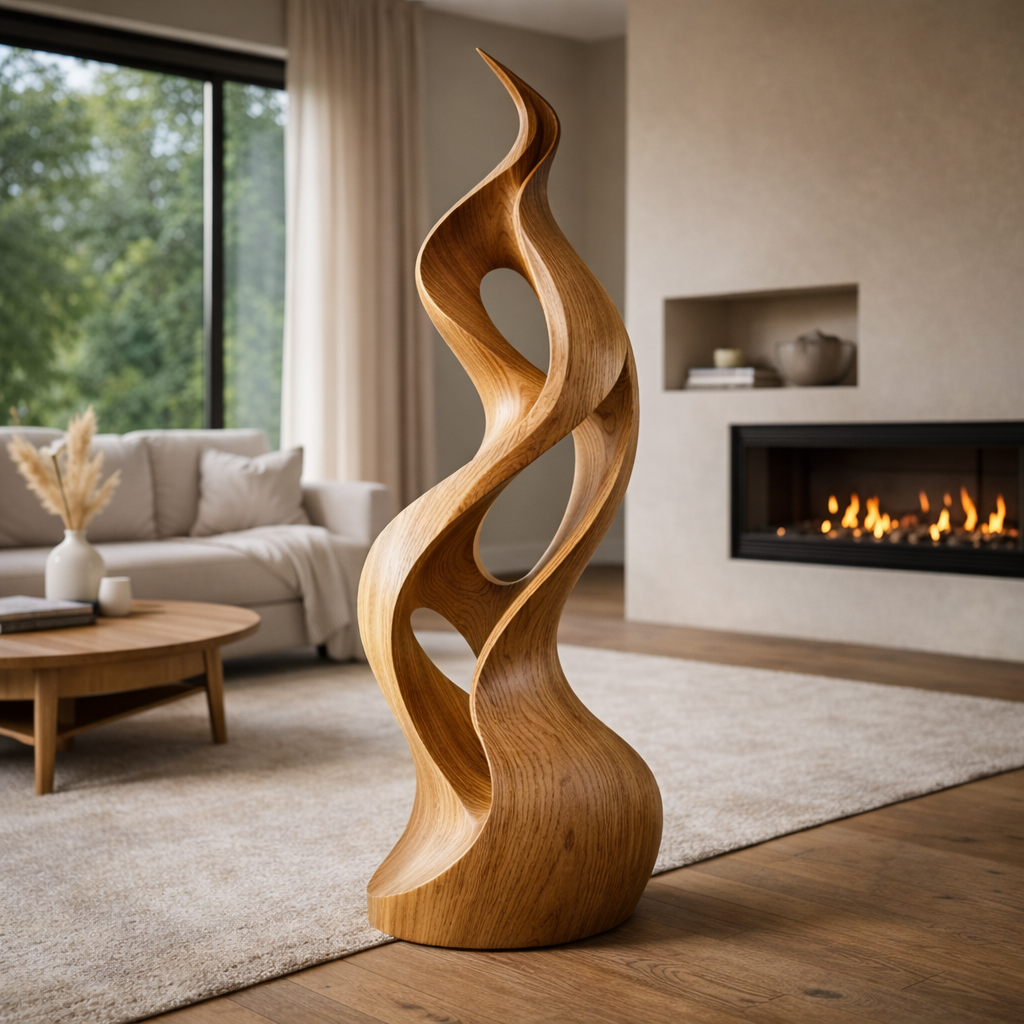 Modern Abstract Wood Sculpture, Tall Organic Twist Statement Art