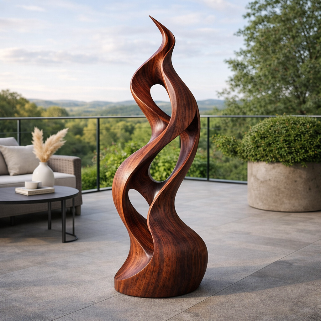 Modern Abstract Wood Sculpture, Tall Organic Twist Statement Art