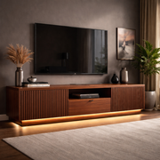 Modern Slatted Wood TV Stand With Center Storage