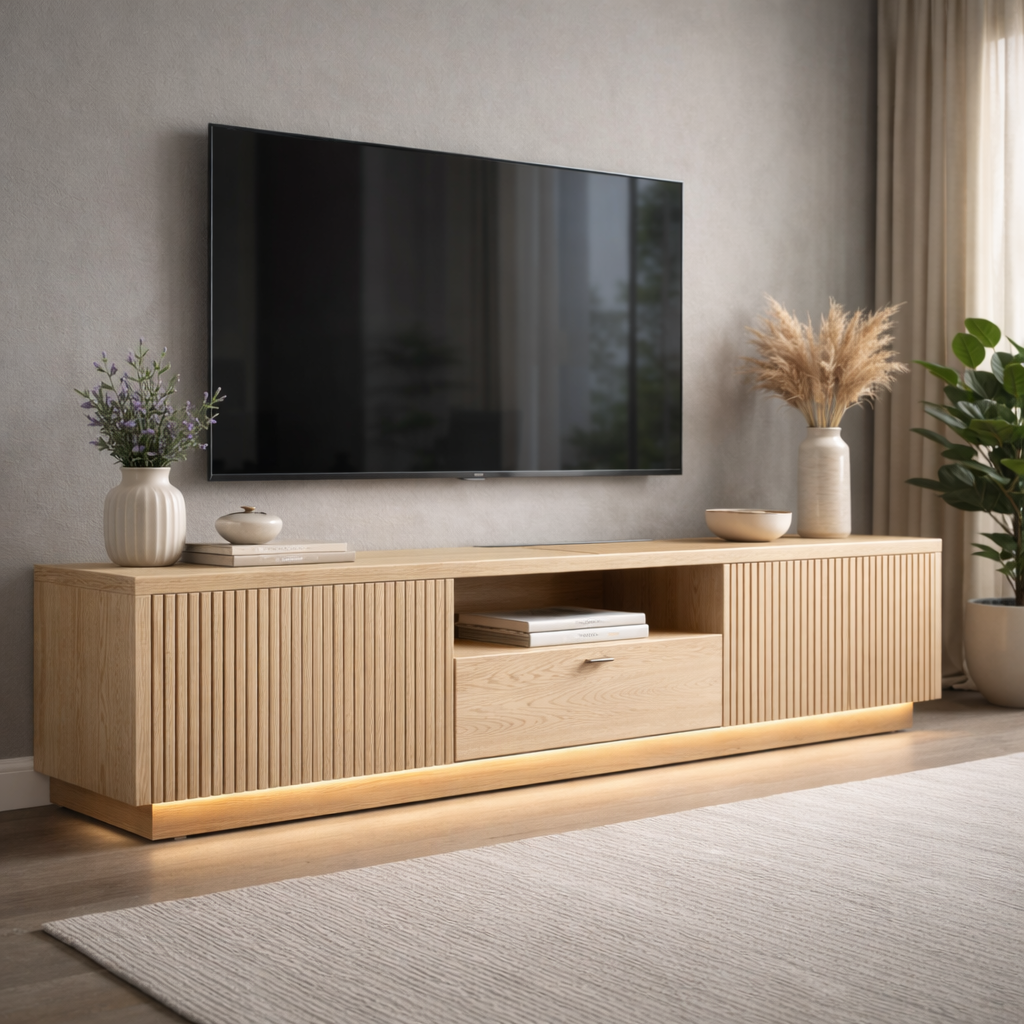 Modern Slatted Wood TV Stand With Center Storage