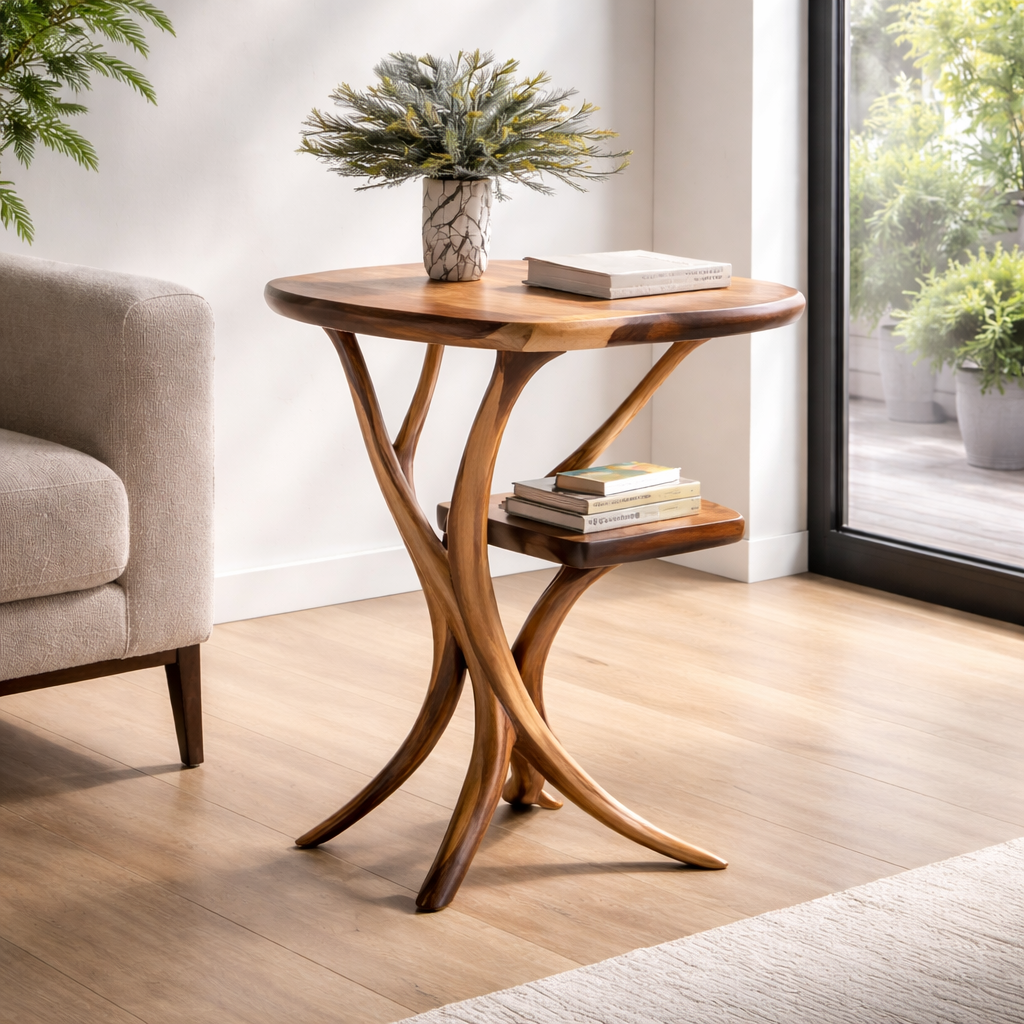 Sculptural Solid Wood Side Table With Lower Shelf
