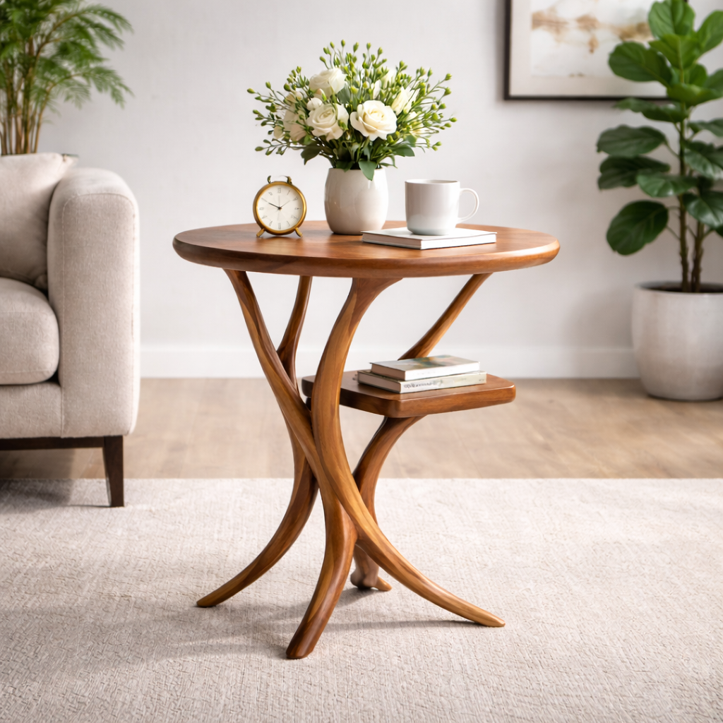 Sculptural Solid Wood Side Table With Lower Shelf