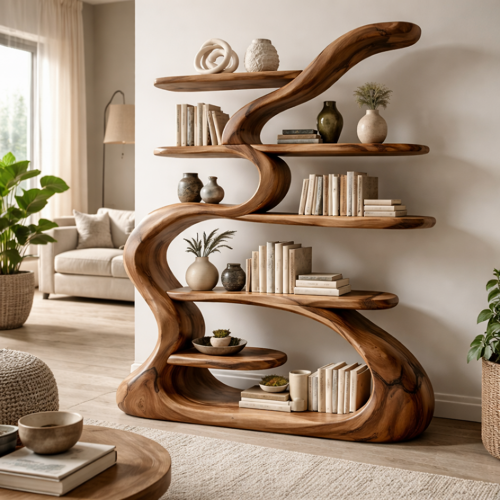 Sculptural Solid Wood Bookshelf With Organic Flowing Design