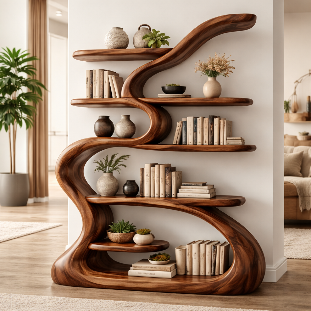 Sculptural Solid Wood Bookshelf With Organic Flowing Design