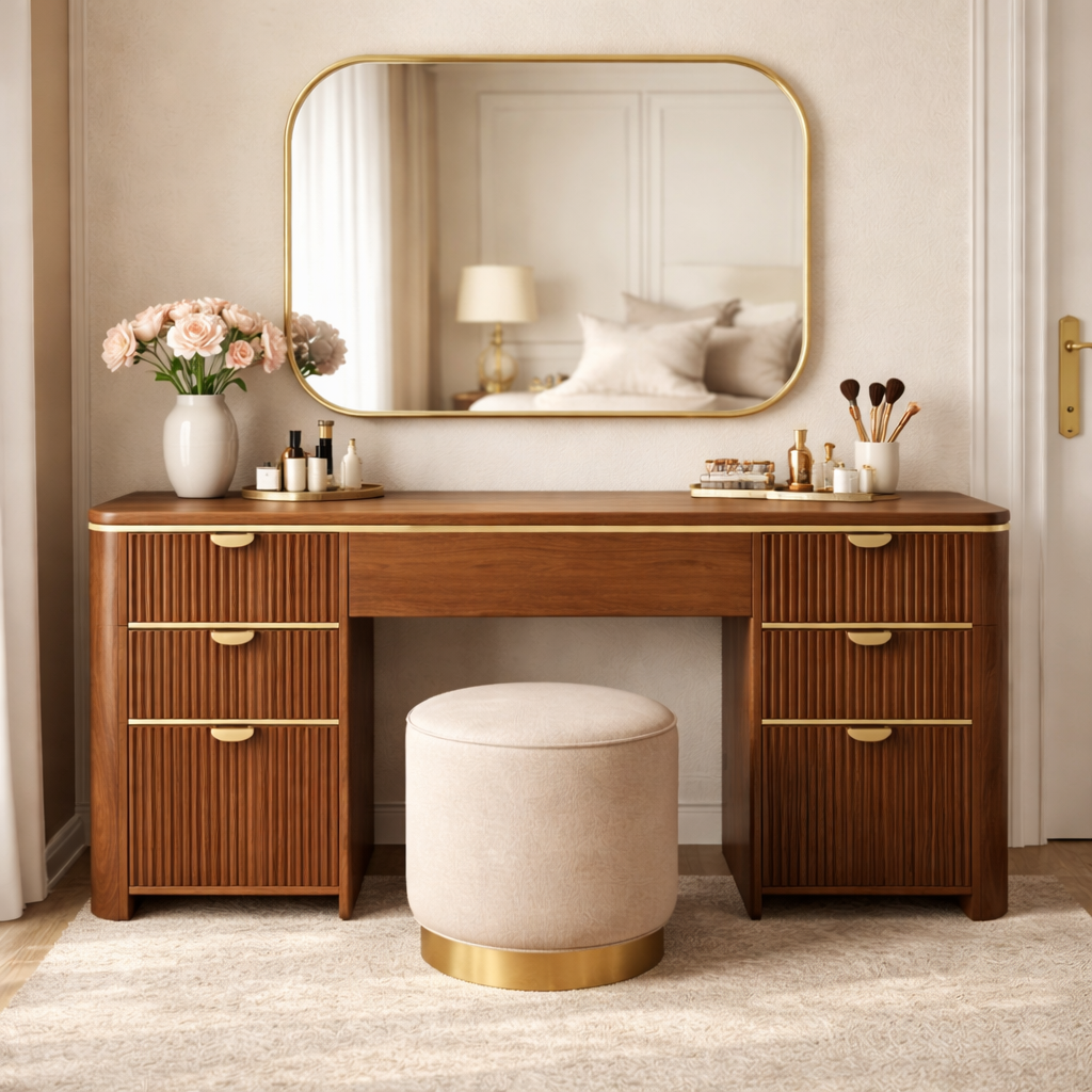 Handmade Wood Vanity Table With Fluted Drawers