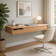 Floating Wall Mounted Wood Desk With Fluted Drawer Front