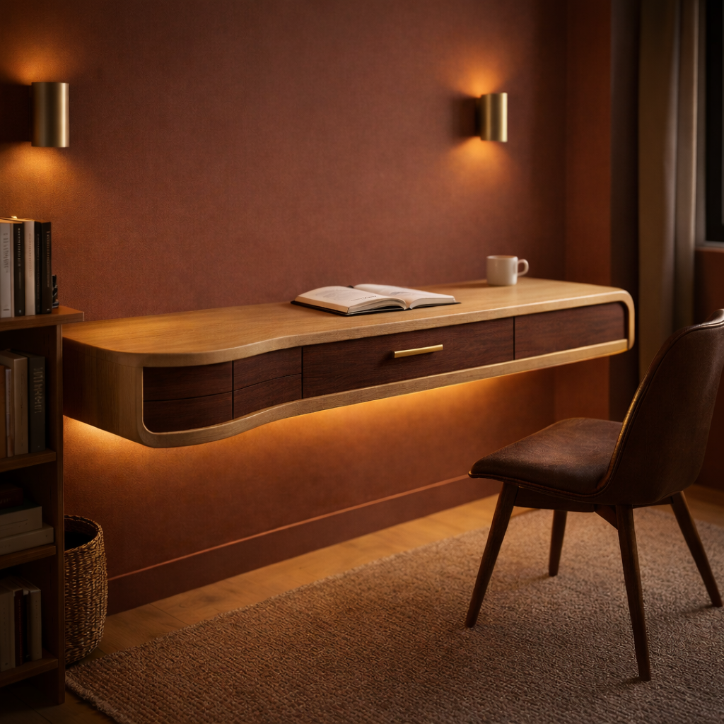 Sculptural Floating Desk with Warm Wood and Modern Detailing