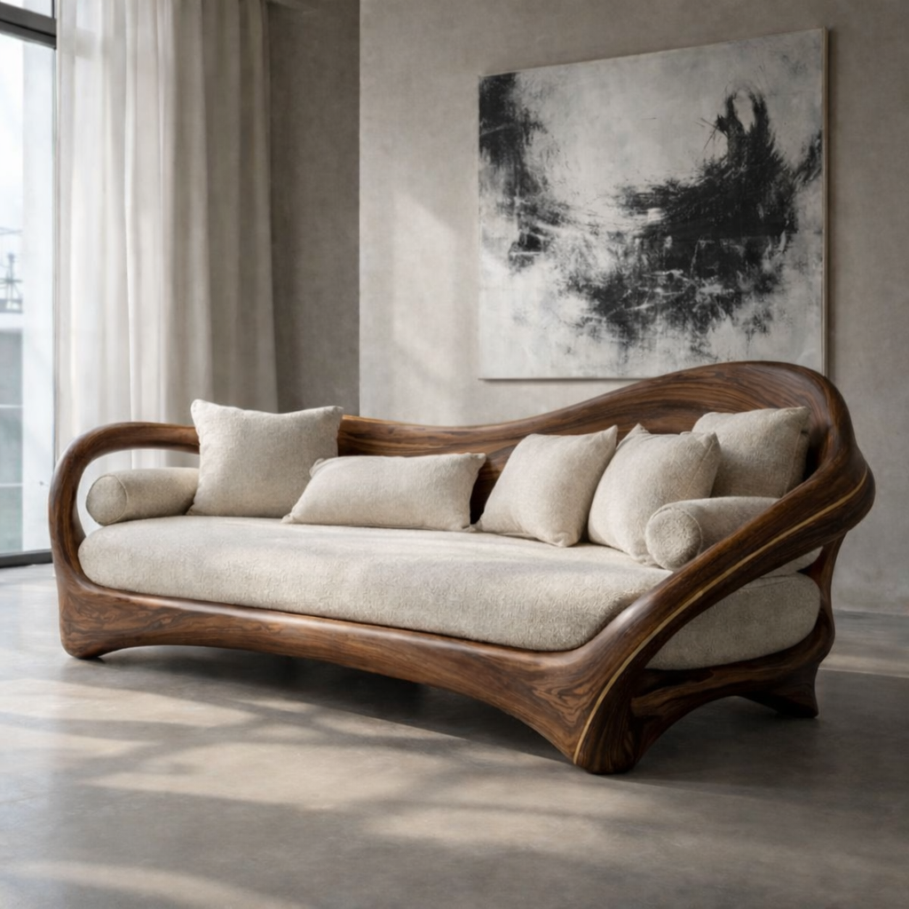 Sculptural Curved Wood Frame Sofa With Soft Cushioned Seat