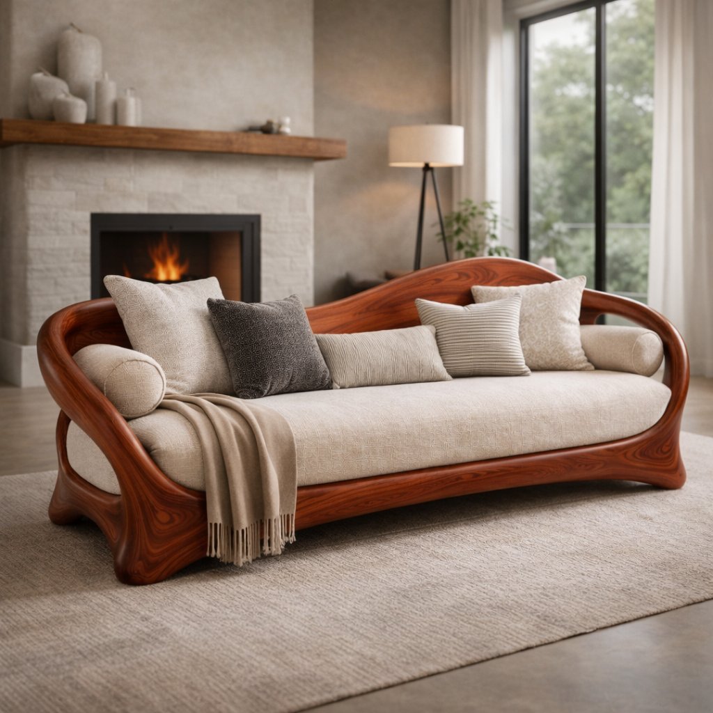 Sculptural Curved Wood Frame Sofa With Soft Cushioned Seat