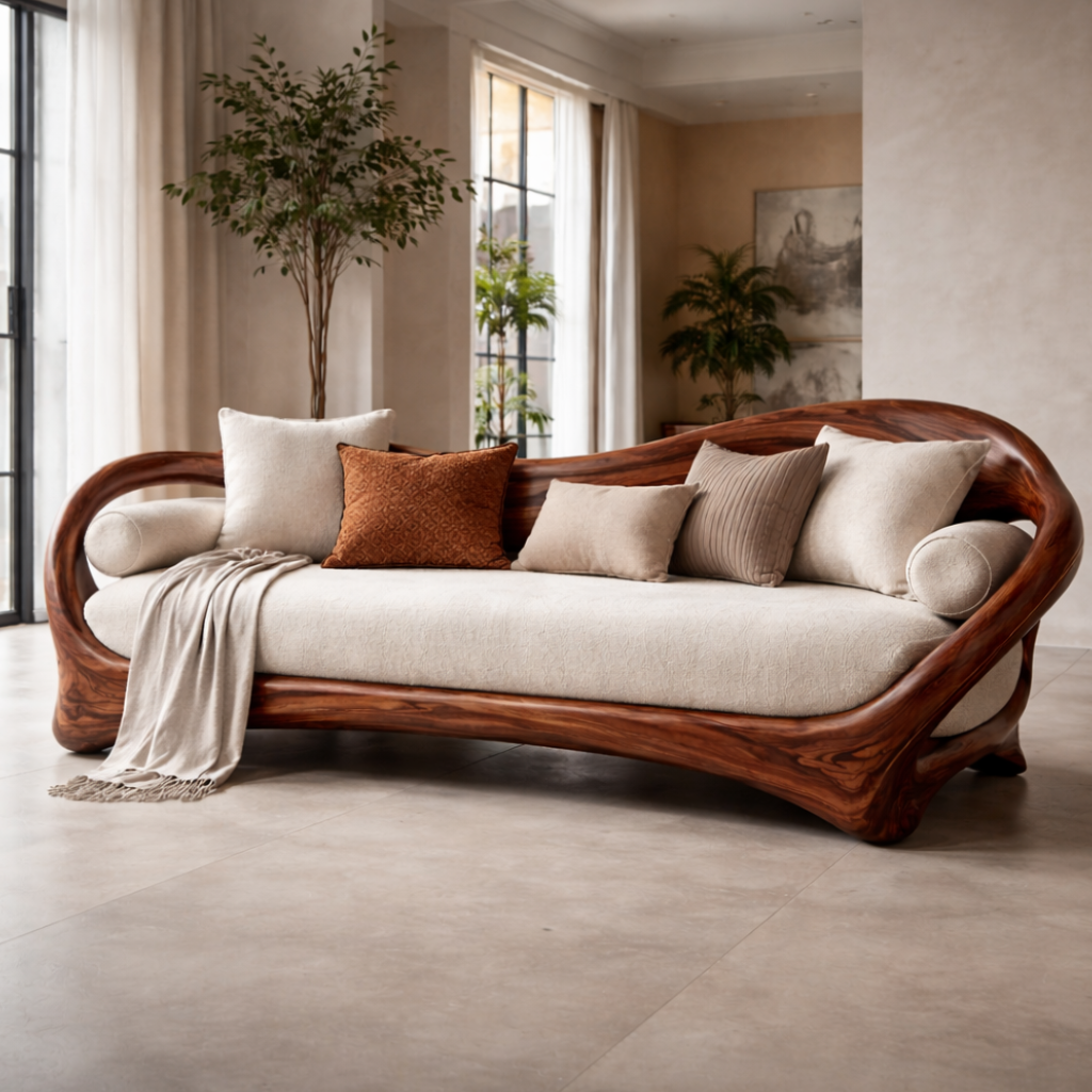 Sculptural Curved Wood Frame Sofa With Soft Cushioned Seat