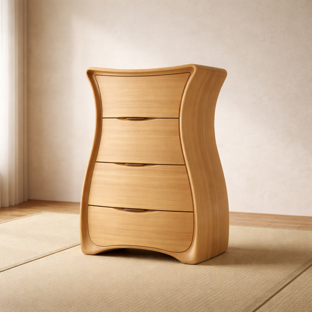 Sculpted Wooden Drawer Chest with Curved Silhouette and Smooth Finish