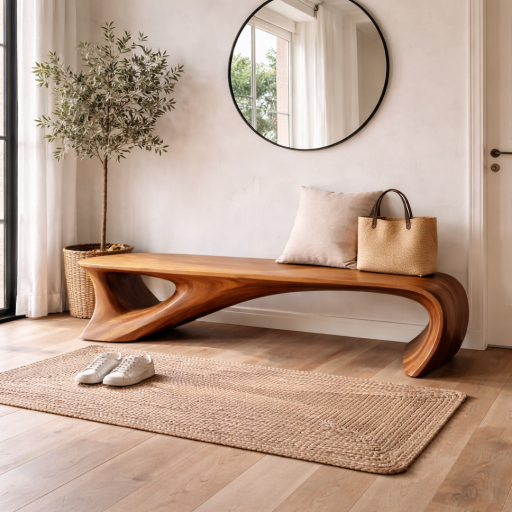 Sculptural Solid Wood Bench With Fluid, Organic Design