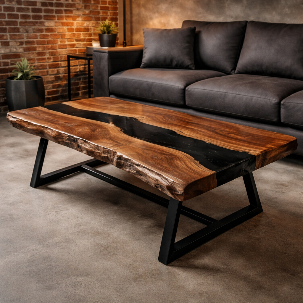 Live Edge Wood Coffee Table with Black Resin Inlay