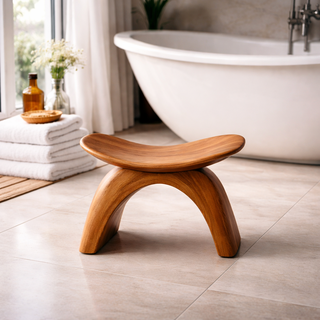 Sculptural Solid Wood Bath Seat With Curved Arch Design