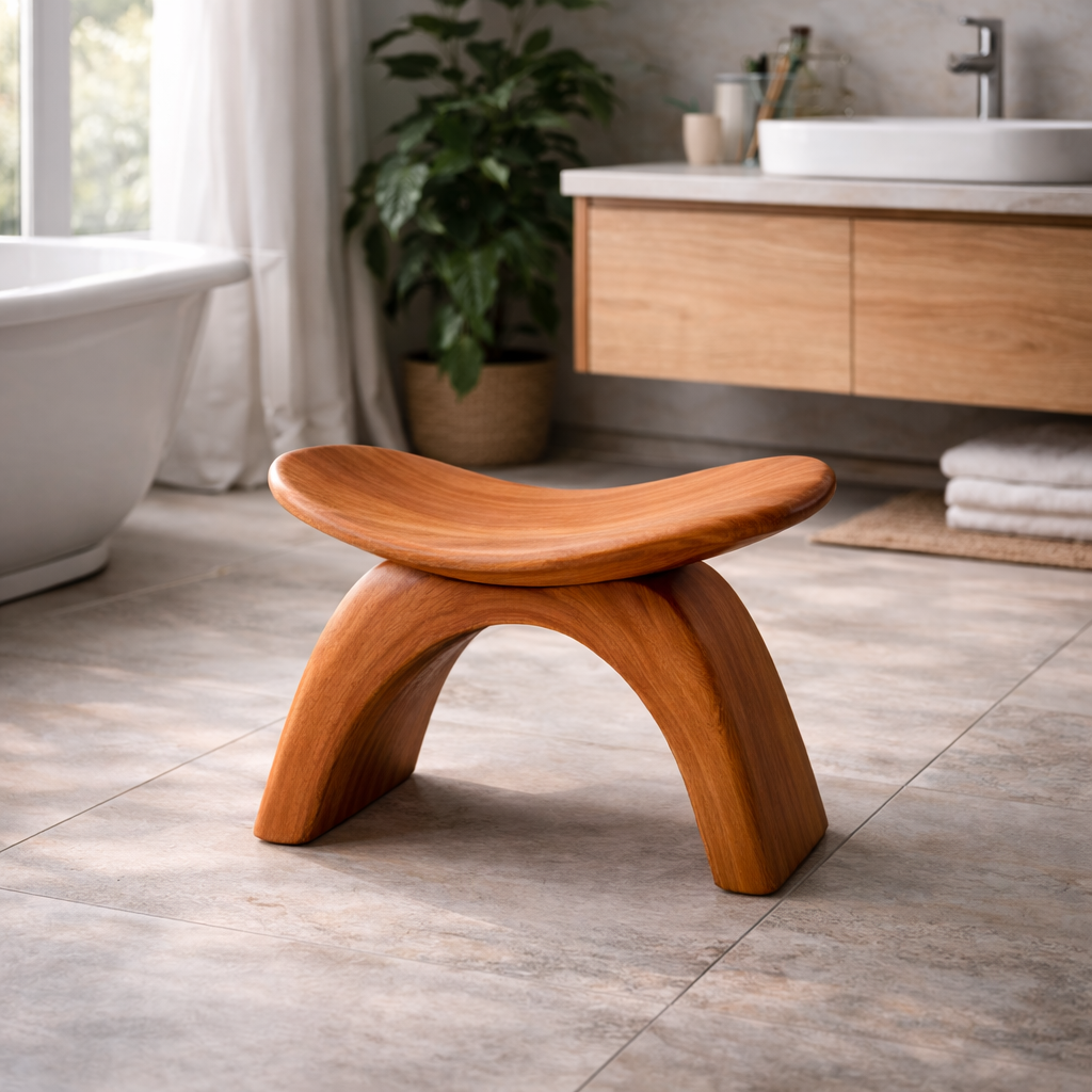 Sculptural Solid Wood Bath Seat With Curved Arch Design