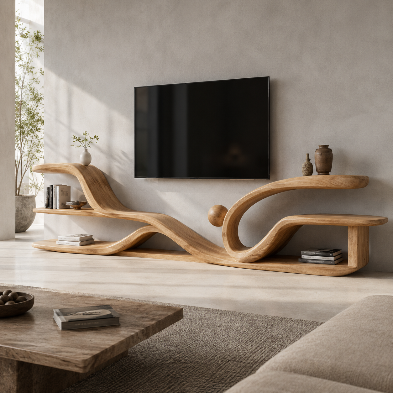 Torven Sculptural Base Solid Wood TV Stand For Living Room