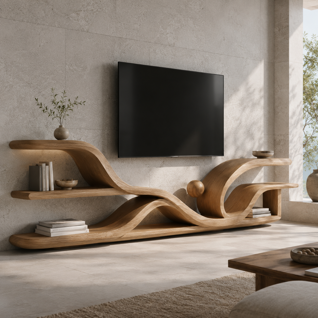 Torven Sculptural Base Solid Wood TV Stand For Living Room