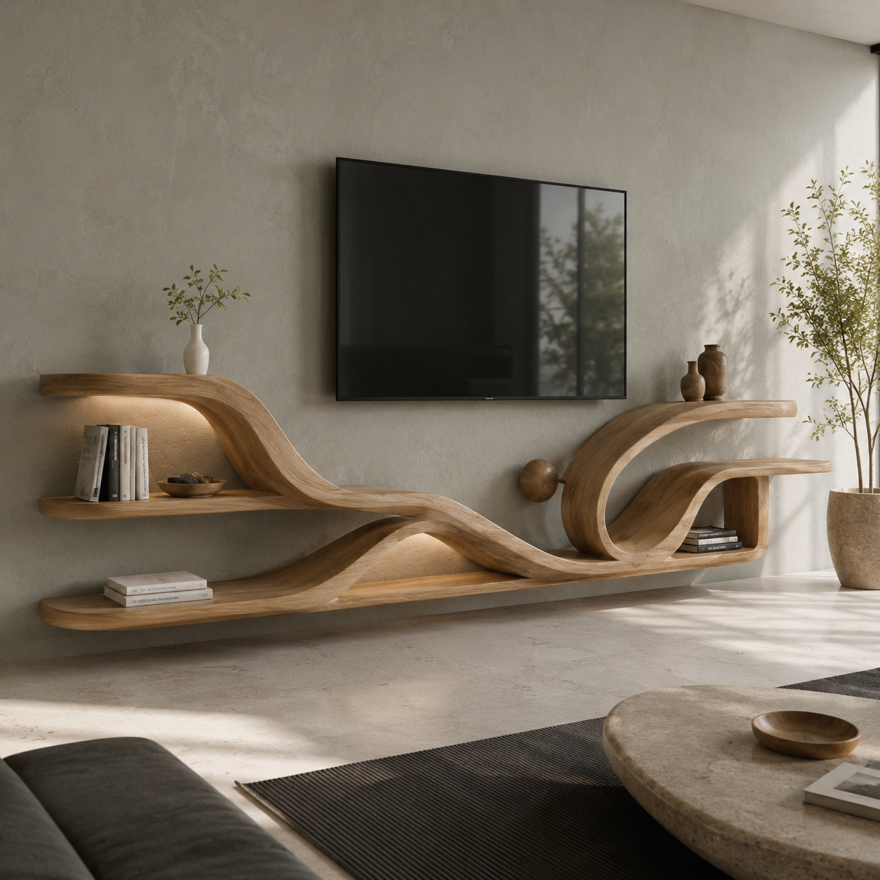 Torven Sculptural Base Solid Wood TV Stand For Living Room