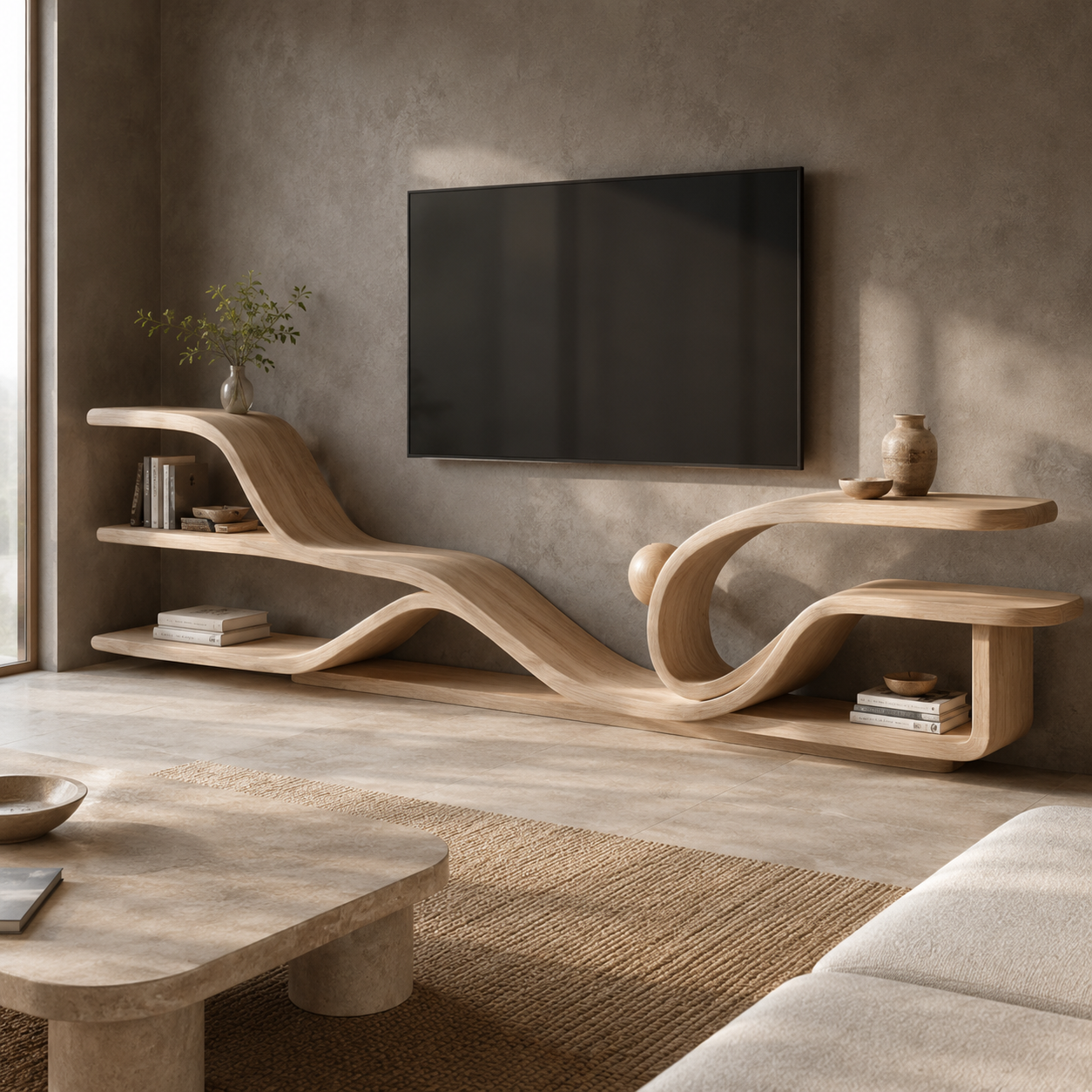 Torven Sculptural Base Solid Wood TV Stand For Living Room