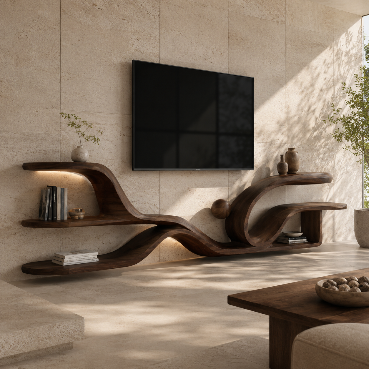 Torven Sculptural Base Solid Wood TV Stand For Living Room