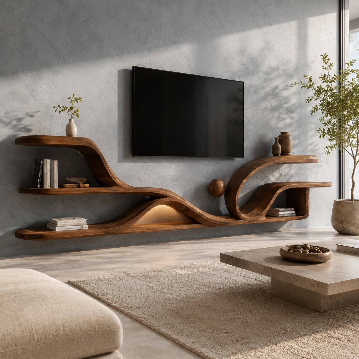 Torven Sculptural Base Solid Wood TV Stand For Living Room