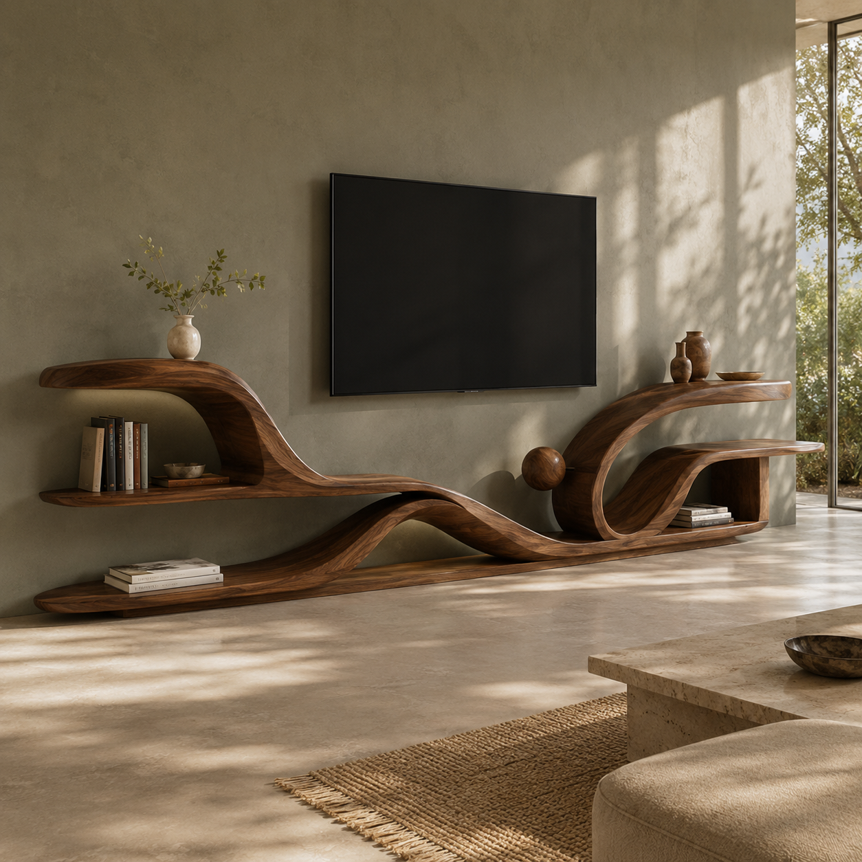 Torven Sculptural Base Solid Wood TV Stand For Living Room