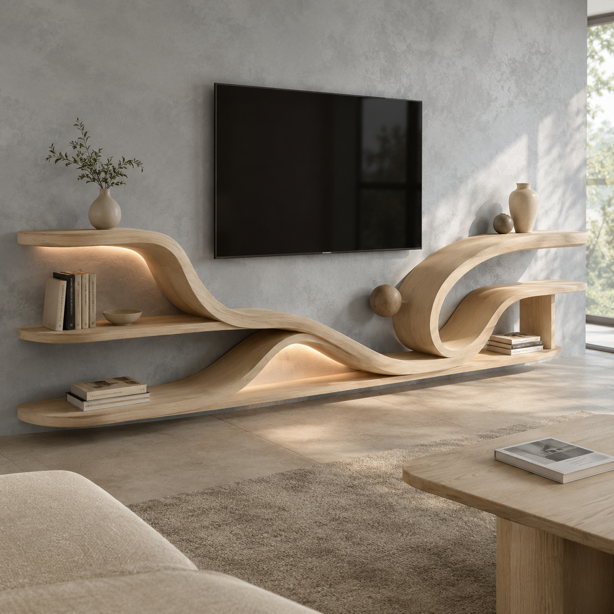 Torven Sculptural Base Solid Wood TV Stand For Living Room