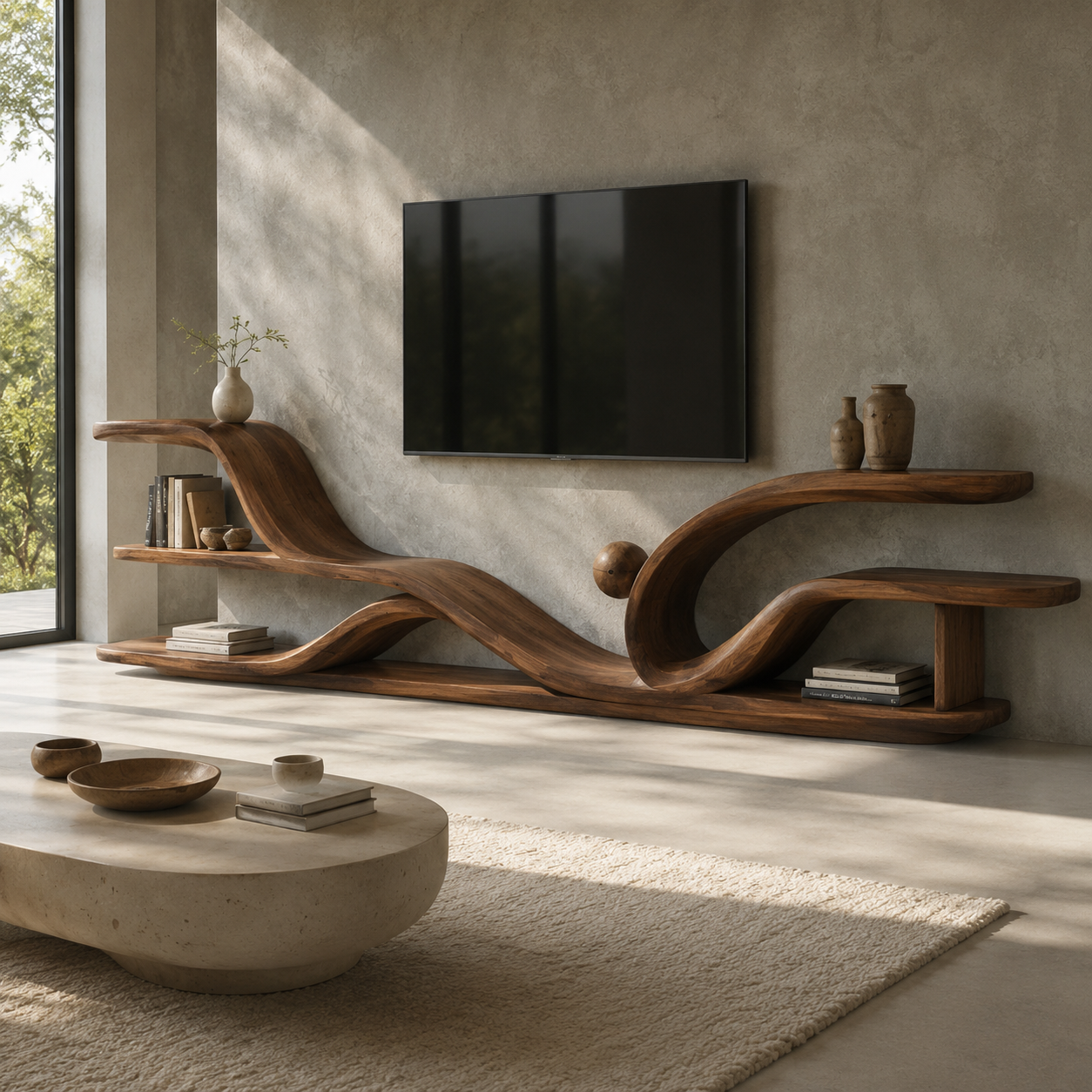 Torven Sculptural Base Solid Wood TV Stand For Living Room