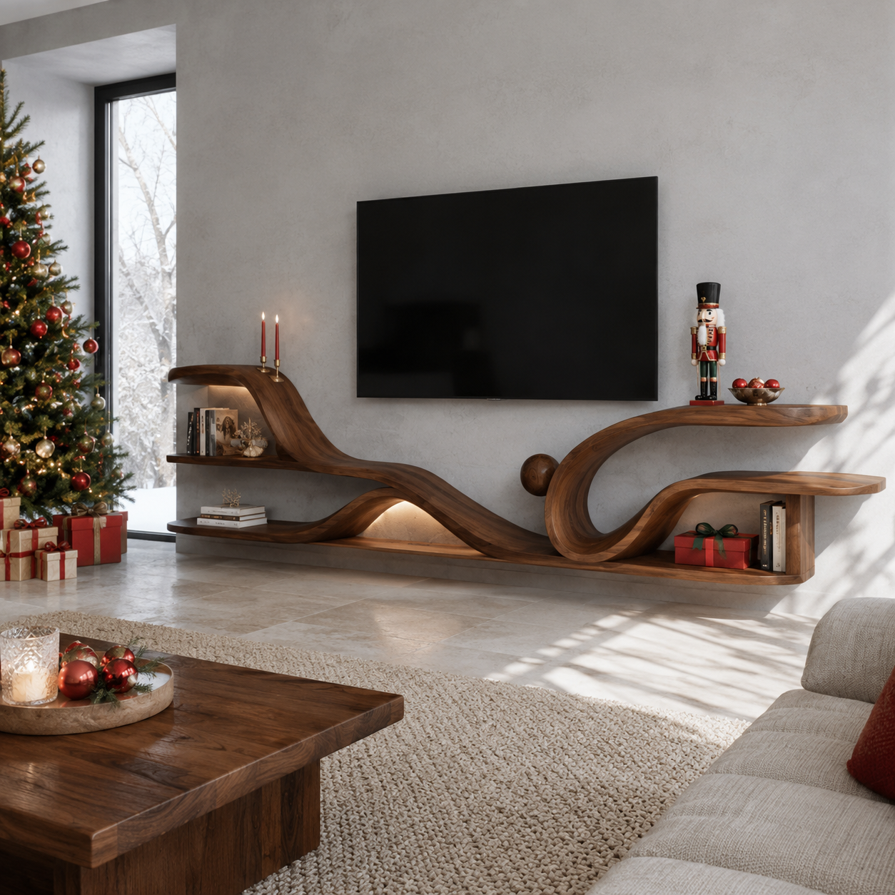 Torven Sculptural Base Solid Wood TV Stand For Living Room