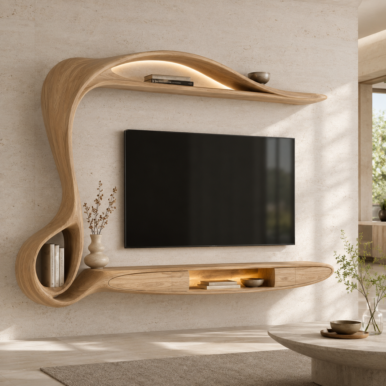 Lunaro Organic Curve Solid Wood TV Stand For Living Room