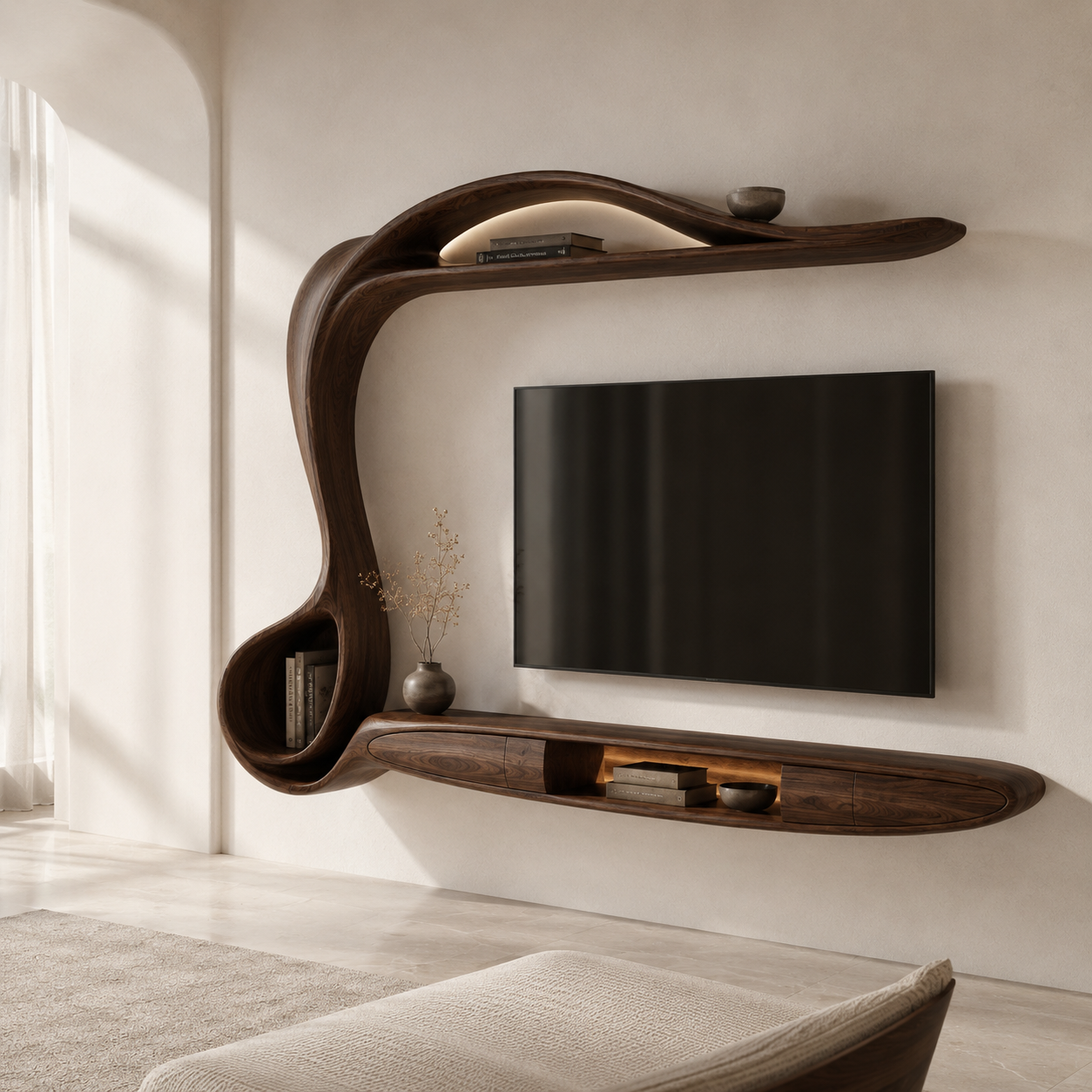 Lunaro Organic Curve Solid Wood TV Stand For Living Room