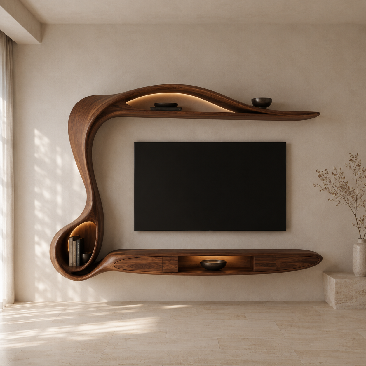 Lunaro Organic Curve Solid Wood TV Stand For Living Room