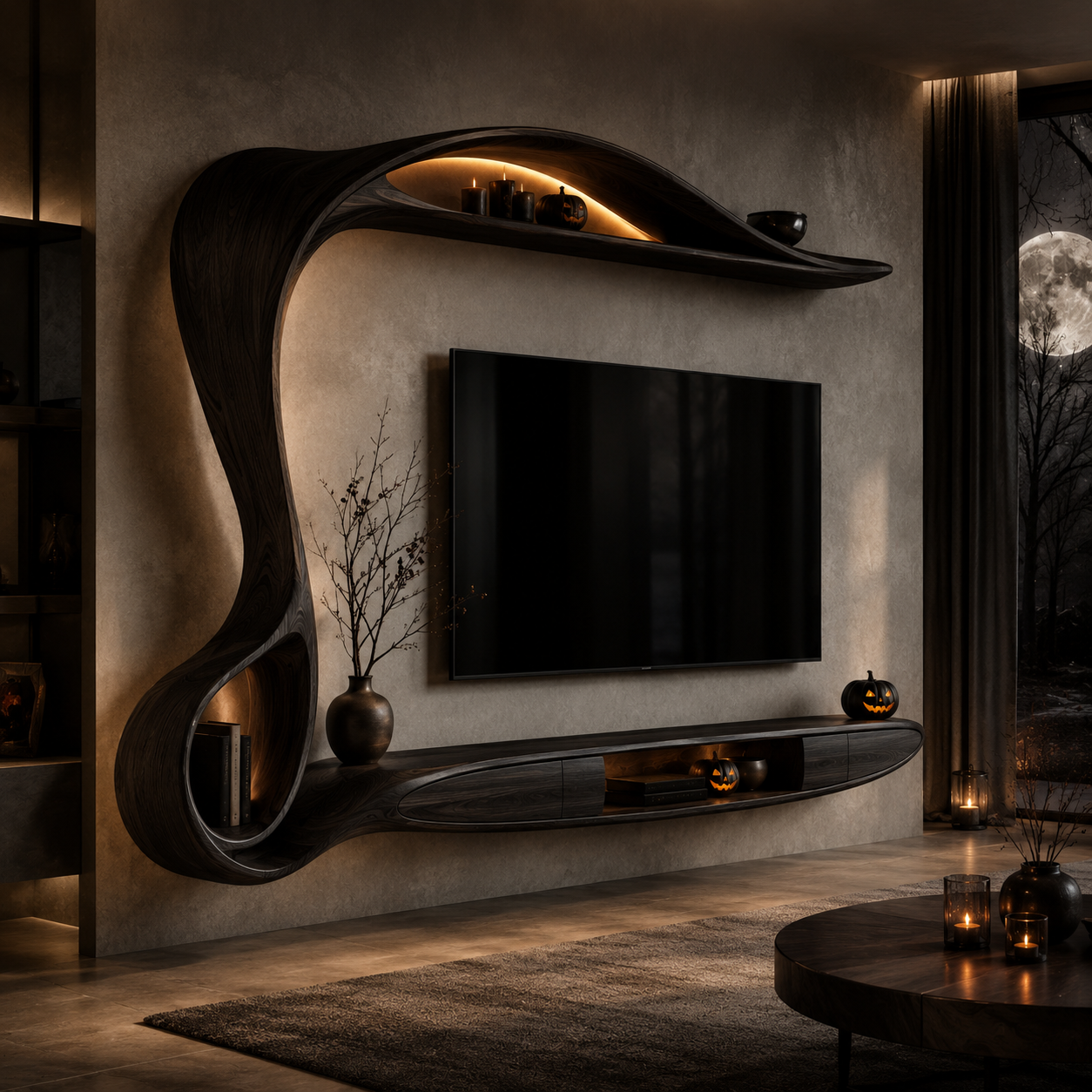 Lunaro Organic Curve Solid Wood TV Stand For Living Room