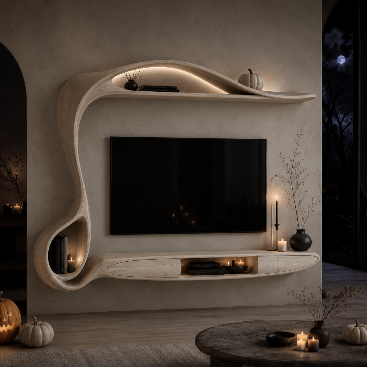 Lunaro Organic Curve Solid Wood TV Stand For Living Room