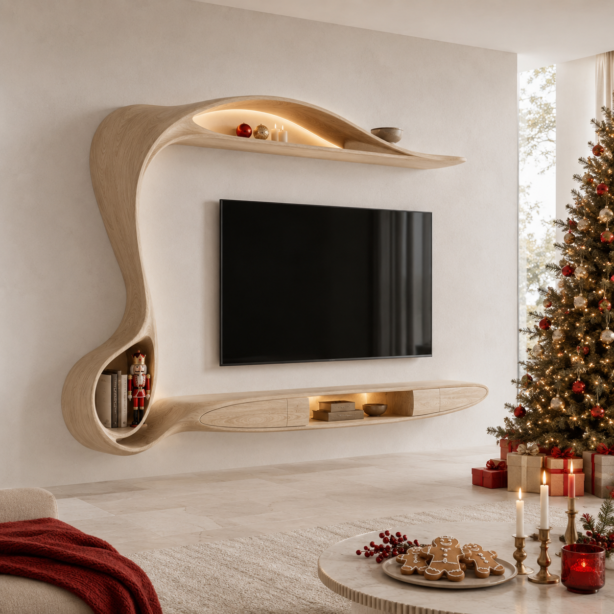 Lunaro Organic Curve Solid Wood TV Stand For Living Room