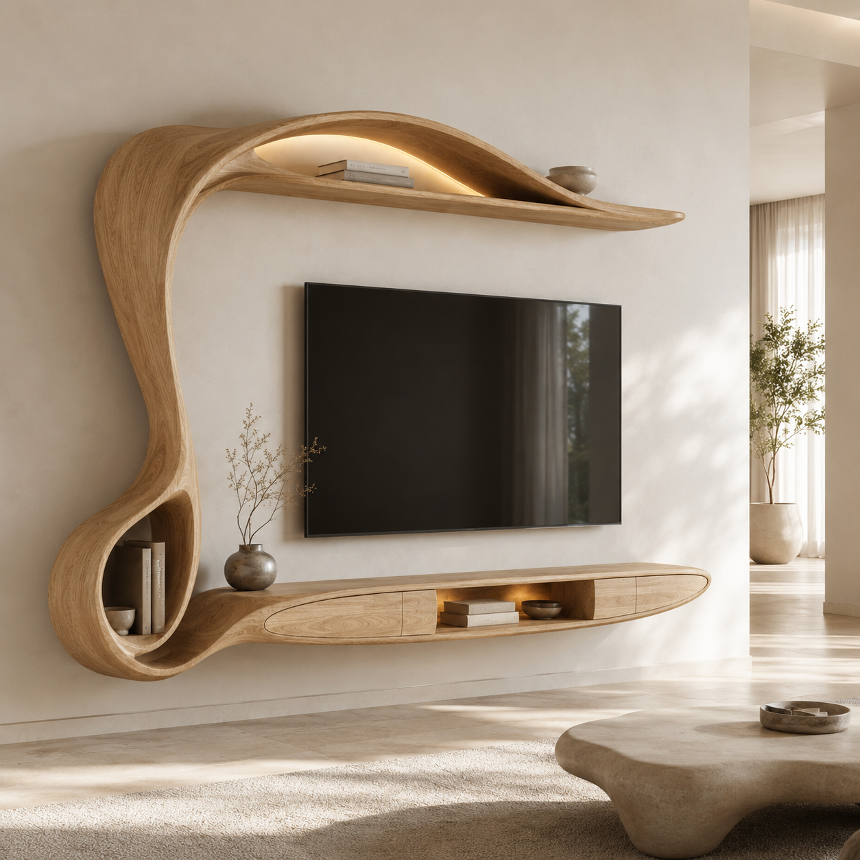 Lunaro Organic Curve Solid Wood TV Stand For Living Room