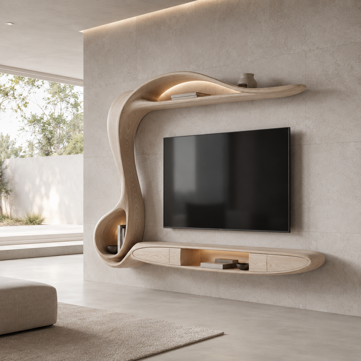 Lunaro Organic Curve Solid Wood TV Stand For Living Room