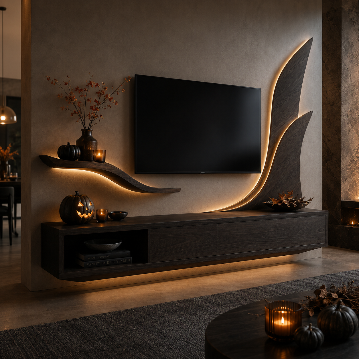 Kelden Black Inlay Solid Wood TV Console For Living Room