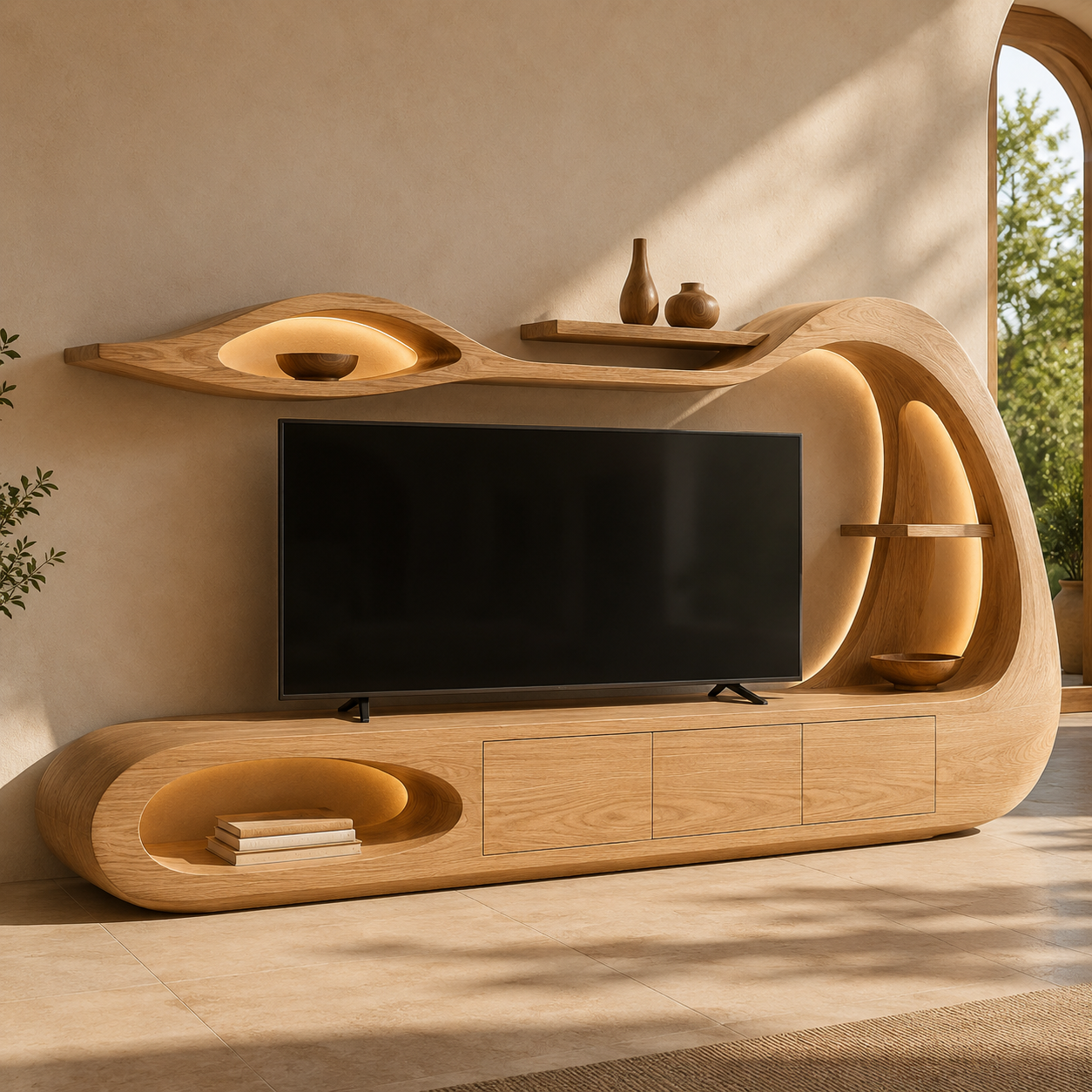 Threnn Sculptural Shelf Solid Wood TV Console For Living Room