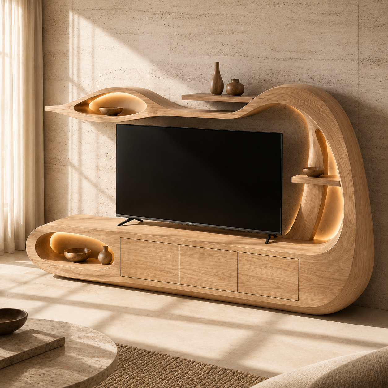 Threnn Sculptural Shelf Solid Wood TV Console For Living Room