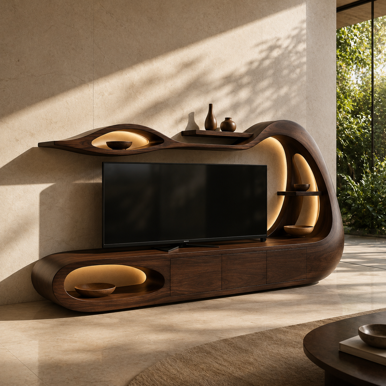 Threnn Sculptural Shelf Solid Wood TV Console For Living Room