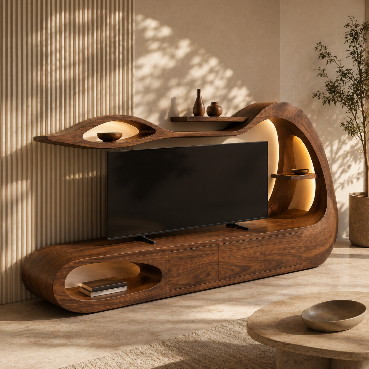 Threnn Sculptural Shelf Solid Wood TV Console For Living Room