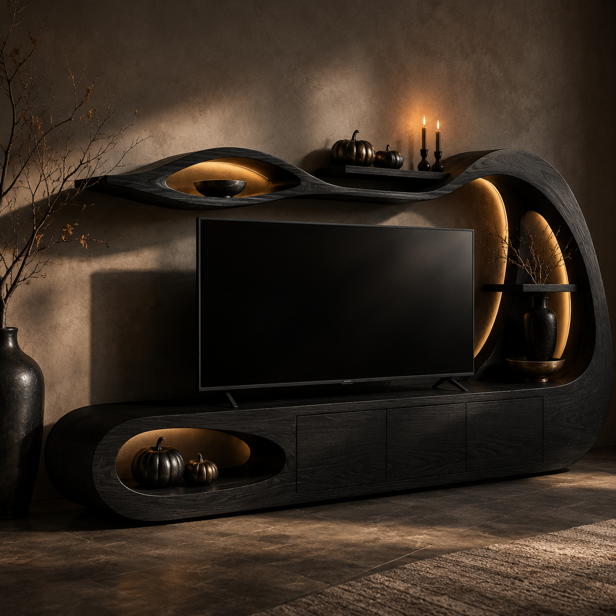 Threnn Sculptural Shelf Solid Wood TV Console For Living Room